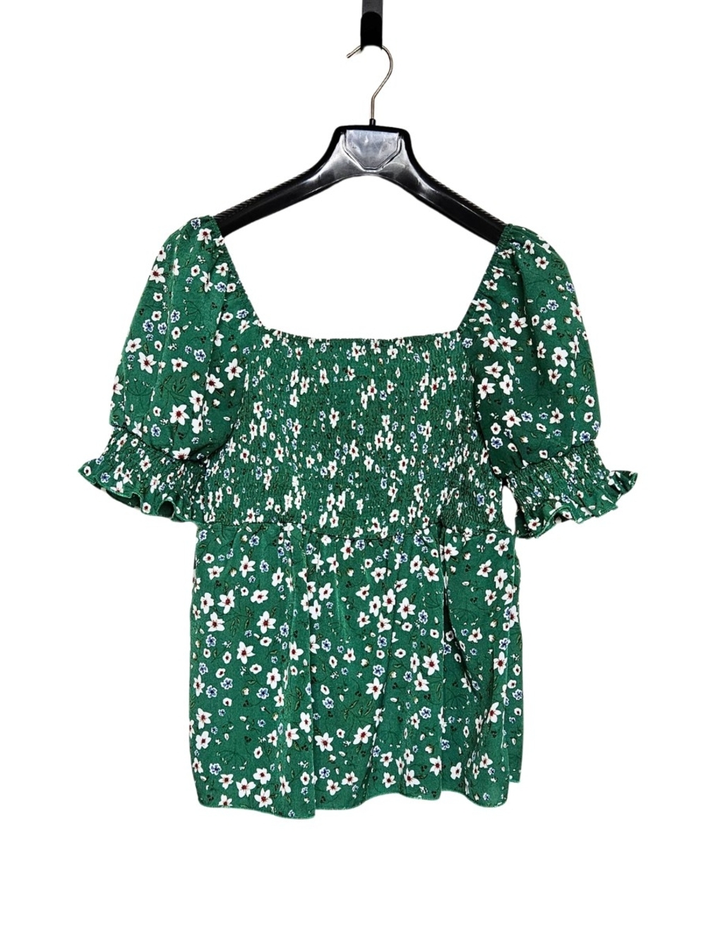 SHEIN Women's Plus Size 1XL Green Floral Smocked Square Neck Puff Sleeve Top